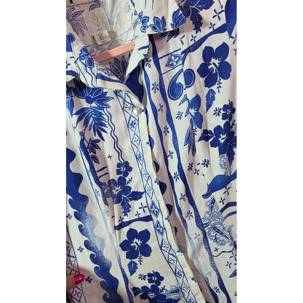 Joie Blue White Linen Rayon Floral Batik Midi Shirt Dress Small - Picture 10 of 11